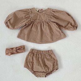 Baby Girl Plaid Pattern Loose Blouses WIth Shorts Headband 3 Pieces Sets (Size/Age: 80 (9-12M))