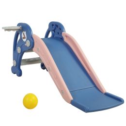3 in 1 Kids Climber and Slide, Toddler Play Set with Basketball Hoop and Ball, Indoor Outdoor Freestanding Slide for Preschool Boys Girls XH (Color: Blue)