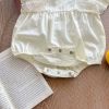 Baby Girls Solid Color Lace Patchwork Design Puff Sleeved Onesies With Bow Decoration