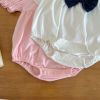 Baby Girls Solid Color Lace Design Turn-Down Collar Preppy Style Onesies With Bow Decoration