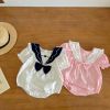 Baby Girls Solid Color Lace Design Turn-Down Collar Preppy Style Onesies With Bow Decoration