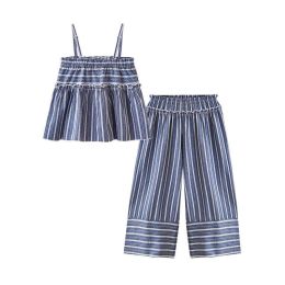 Baby Striped Pattern Lace Design Sling Tops Combo Pants 1-Pieces Sets (Size/Age: 140 (8-10Y))