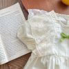 Baby Girls Solid Color Lace Patchwork Design Puff Sleeved Onesies With Bow Decoration