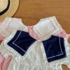 Baby Girls Solid Color Lace Design Turn-Down Collar Preppy Style Onesies With Bow Decoration