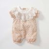 Baby Girls Floral Print Lace Design Collar Short-Sleeved Romper With Hat