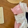 Baby Girls Solid Color Lace Design Turn-Down Collar Preppy Style Onesies With Bow Decoration