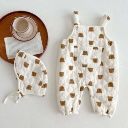 Baby Cartoon Bear Pattern Sleeveless Quilted Warm Jumpsuit With Hat (Size/Age: 80 (9-12M))