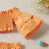 Baby 2pc Solid Orange Color Flared Medium Sleeves Shirred Tops Combo Ruffle Hem Shorts Sets