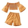 Baby 2pc Solid Orange Color Flared Medium Sleeves Shirred Tops Combo Ruffle Hem Shorts Sets