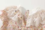 Baby Girls Floral Print Lace Design Collar Short-Sleeved Romper With Hat