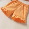 Baby 2pc Solid Orange Color Flared Medium Sleeves Shirred Tops Combo Ruffle Hem Shorts Sets