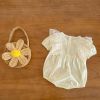 Baby Girls Solid Color Lace Patchwork Design Puff Sleeved Onesies With Bow Decoration