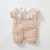 Baby Girls Floral Print Lace Design Collar Short-Sleeved Romper With Hat