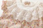Baby Girls Floral Print Lace Design Collar Short-Sleeved Romper With Hat