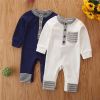 Baby Boy Striped Pattern Quarter Button Design Long Sleeved Romper